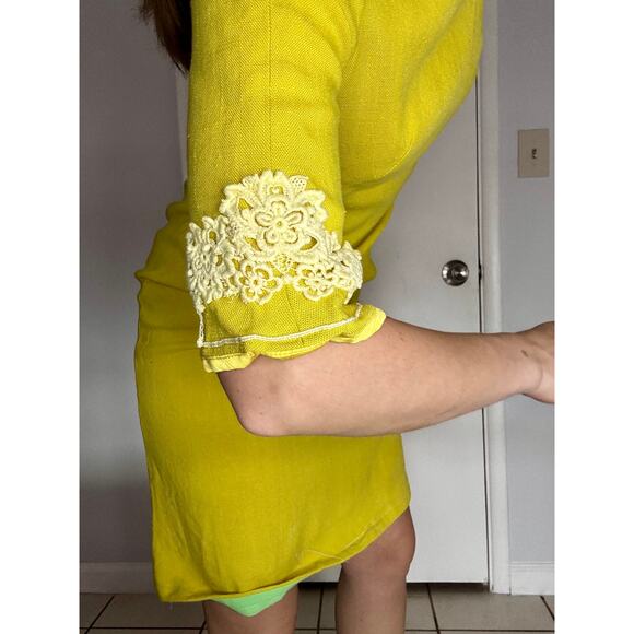 Vintage 1960s Lime Green Shift Dress Stacy Ames Lace Trim Linen Metal Zipper - Picture 11 of 12